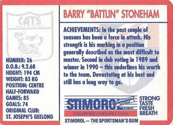 1991 Scanlens Stimorol #109 Barry Stoneham Back